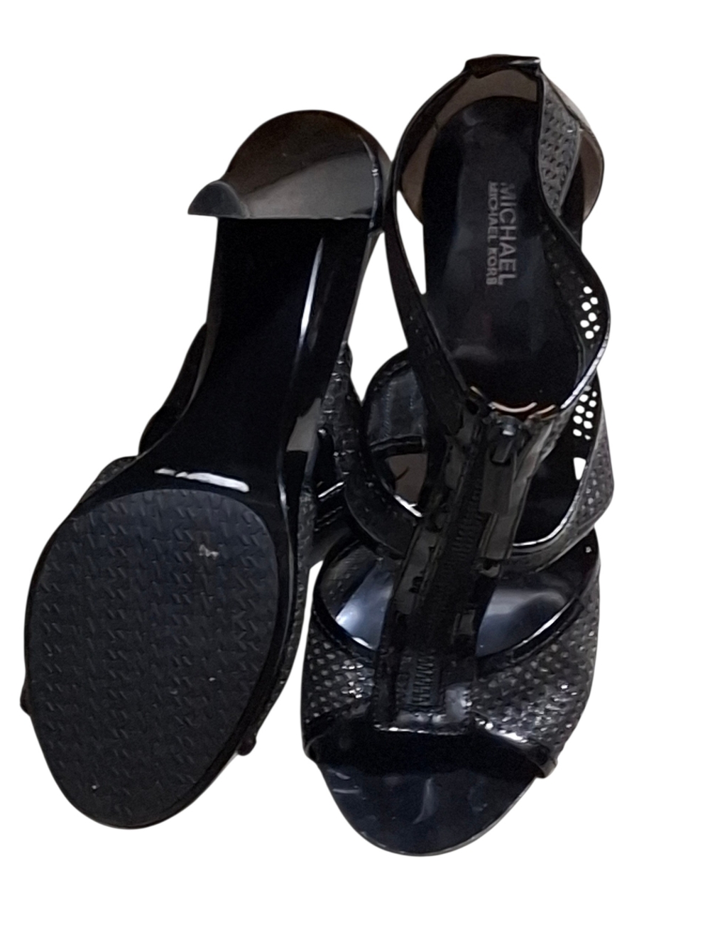 Michael Kors Black Patent Leather Zipper Front T-Strap Heels